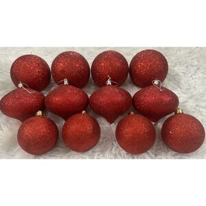 Red Glitter Christmas Ornament Set Of 12 Different Sizes Flawed